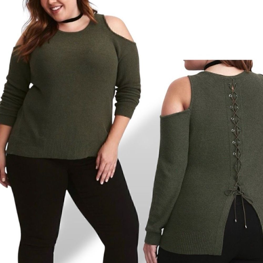 Torrid Olive Green Cold Shoulder Lace Up Long Sleeve Sweater Sz 2X